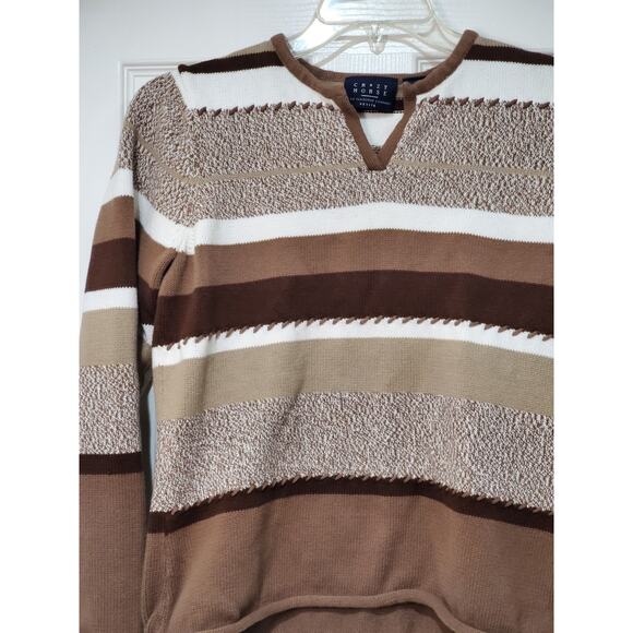 Crazy Horse by Liz Claiborne Women’s Petite MD Sweater Brown Beige Striped V-Nec - Picture 11 of 11